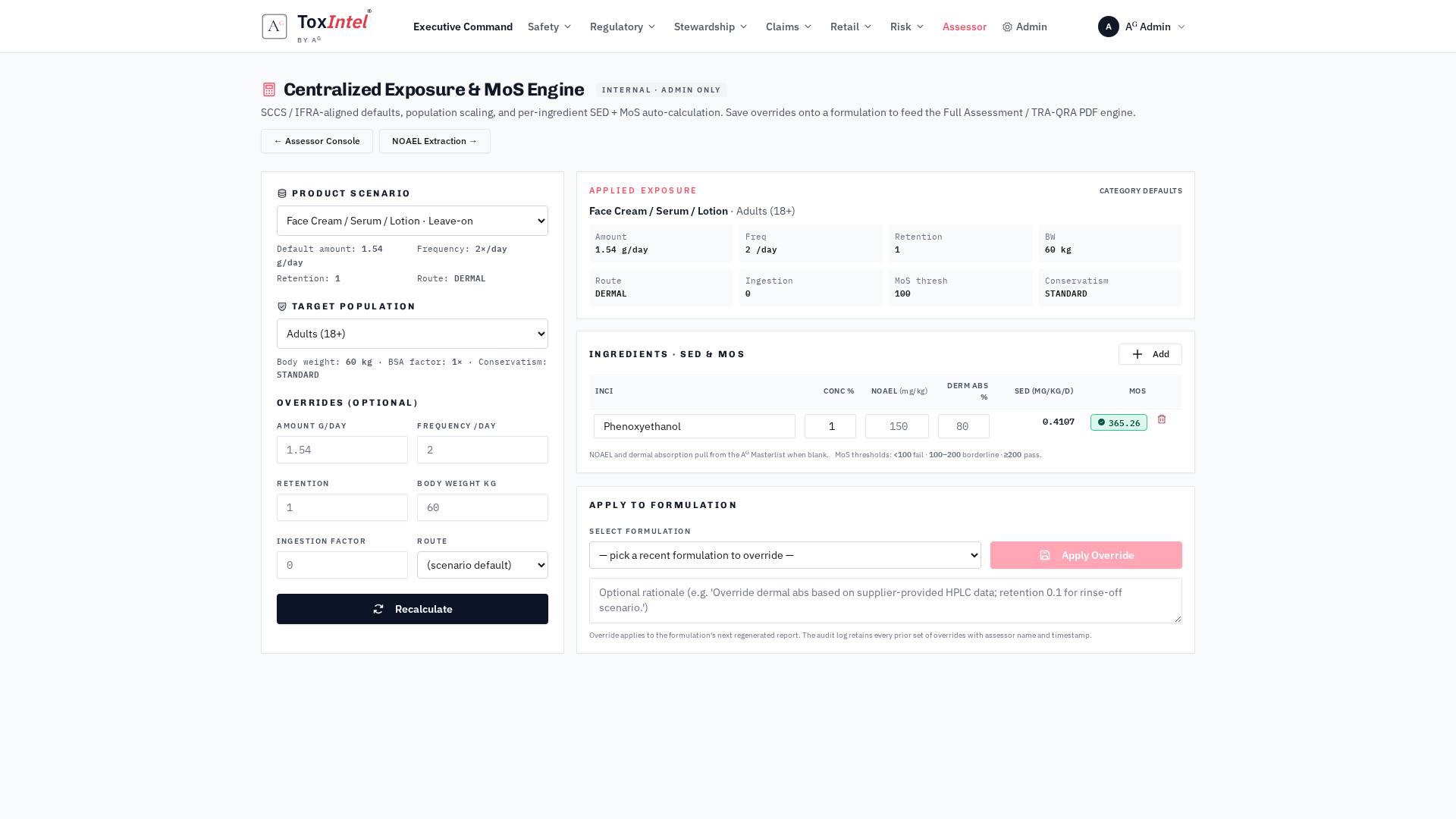 Centralized Exposure & MoS Engine · SCCS/IFRA-aligned product-scenario and population defaults; NOAEL and dermal absorption piped from the governed ingredient masterlist; every reviewer override audit-logged.