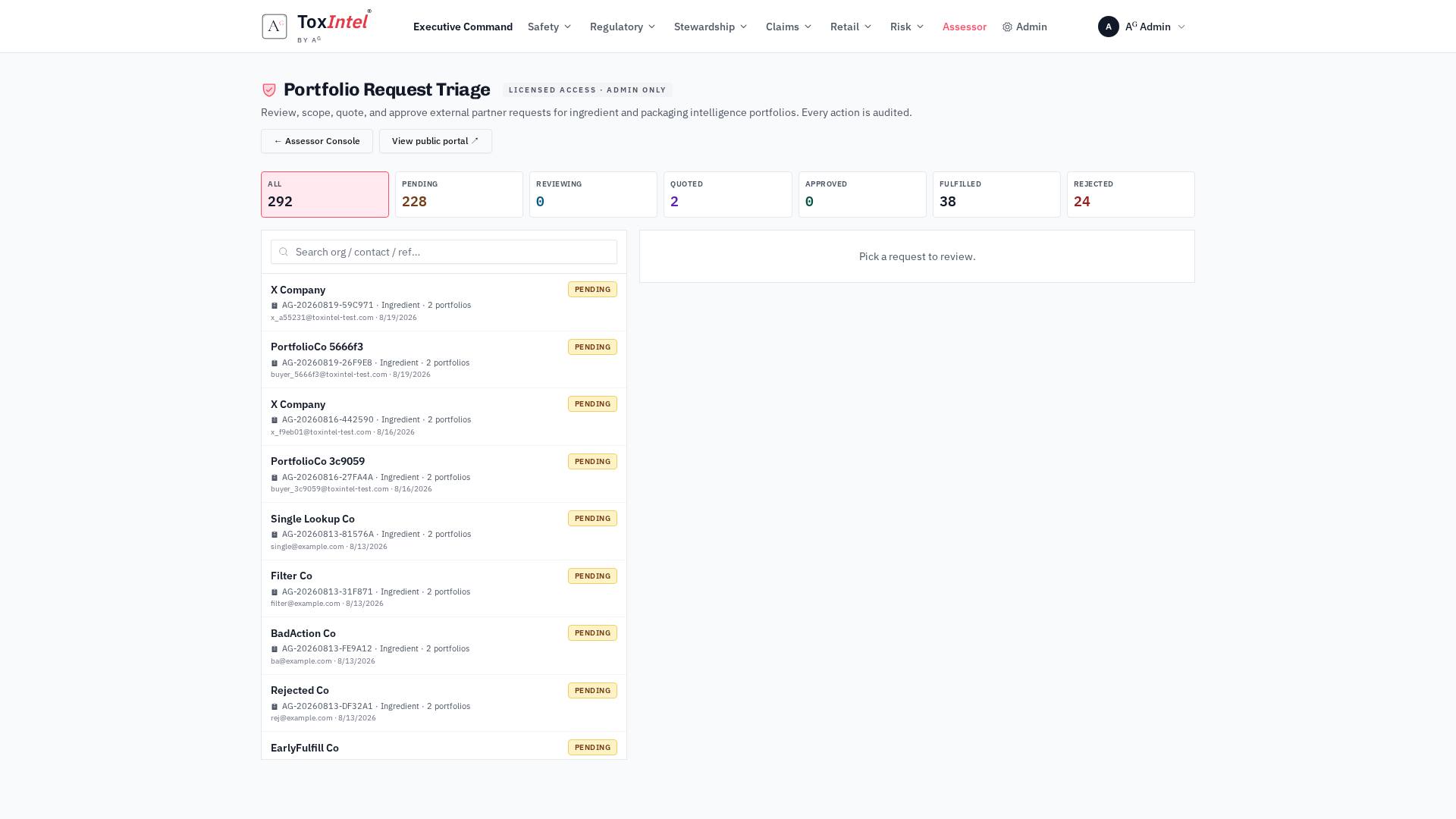 Portfolio Request Triage — 292 external requests staged Pending / Reviewing / Quoted / Approved / Fulfilled / Rejected. Full auditability for cross-team work.