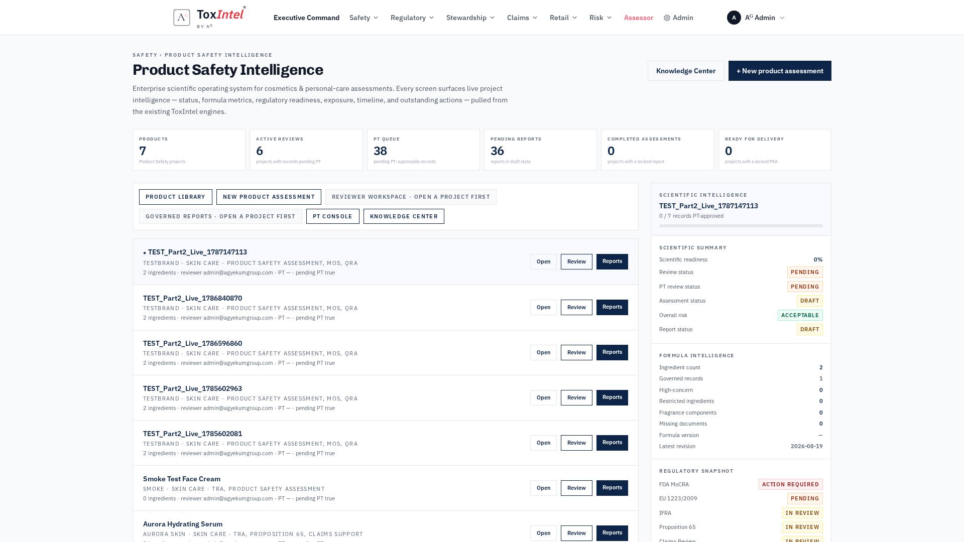 Product Safety Intelligence library — every project with formula metrics, regulatory snapshot (FDA MoCRA action required, EU 1223 pending, IFRA in review, Prop 65 in review), and reviewer status.